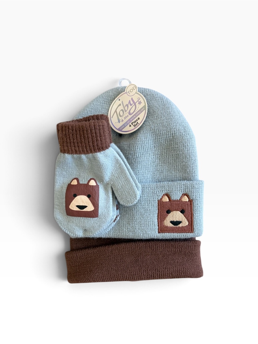 Toddler Boys Toby & Me Light Blue & Brown Bear Beanie + Mittens Set of 4